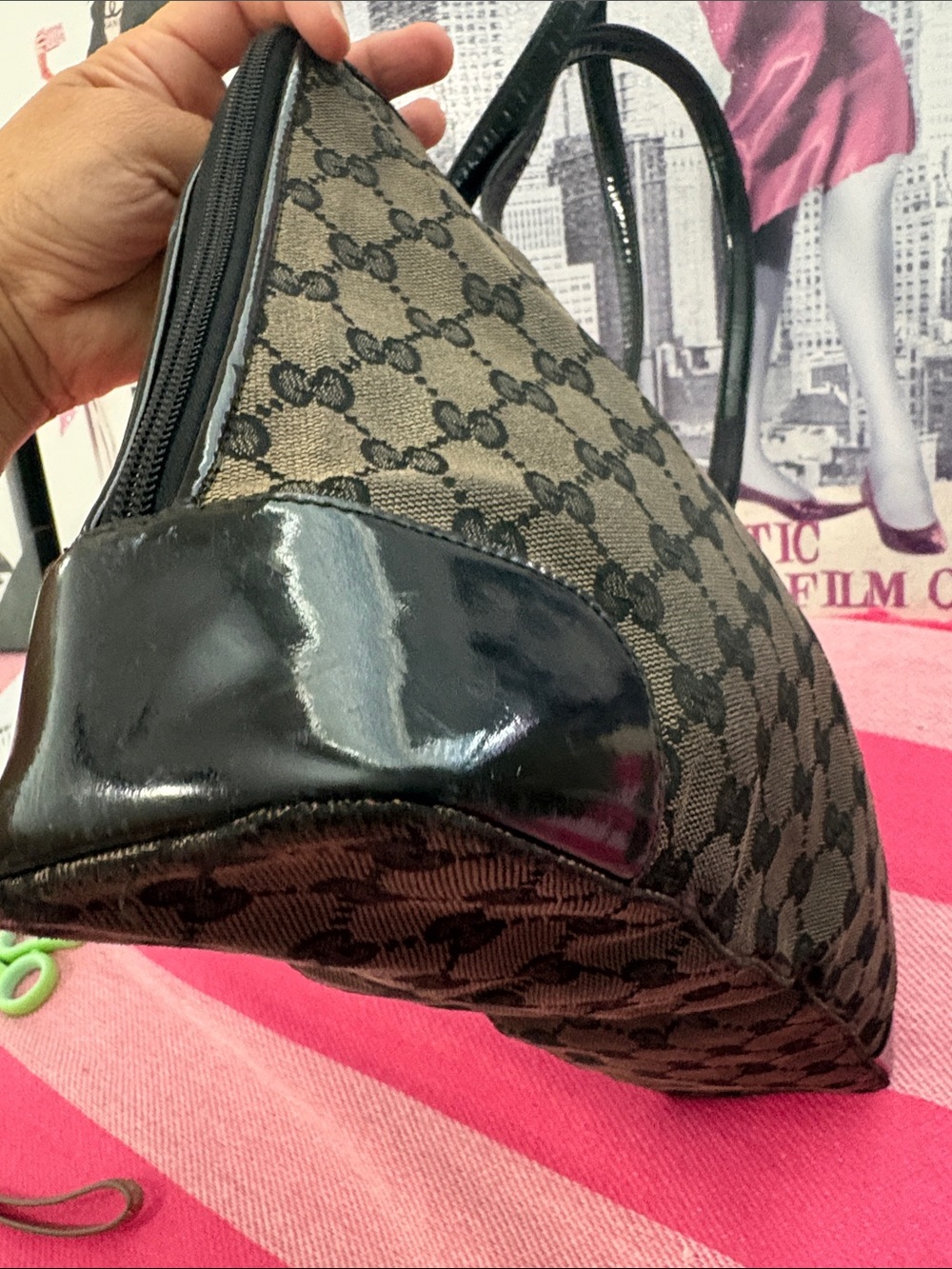 Gucci Brown GG Monogram Shoulder Bag with Dark Patent Trim - Picture 9 of 14